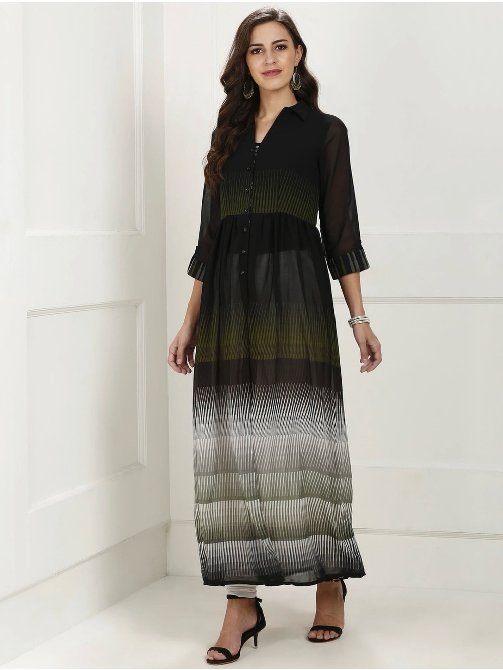 Biba Black and Olive Gradient Maxi Shirt Dress